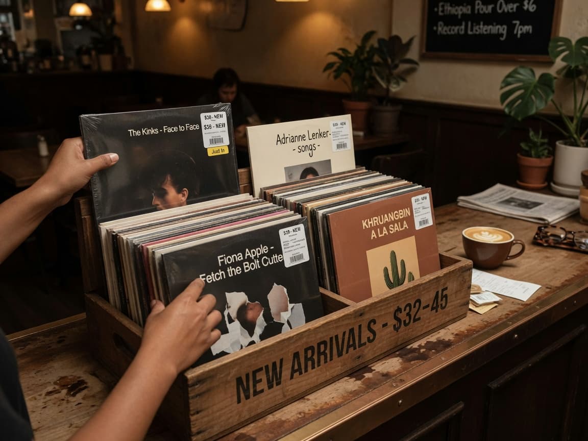 Browsing vinyl records next to coffee