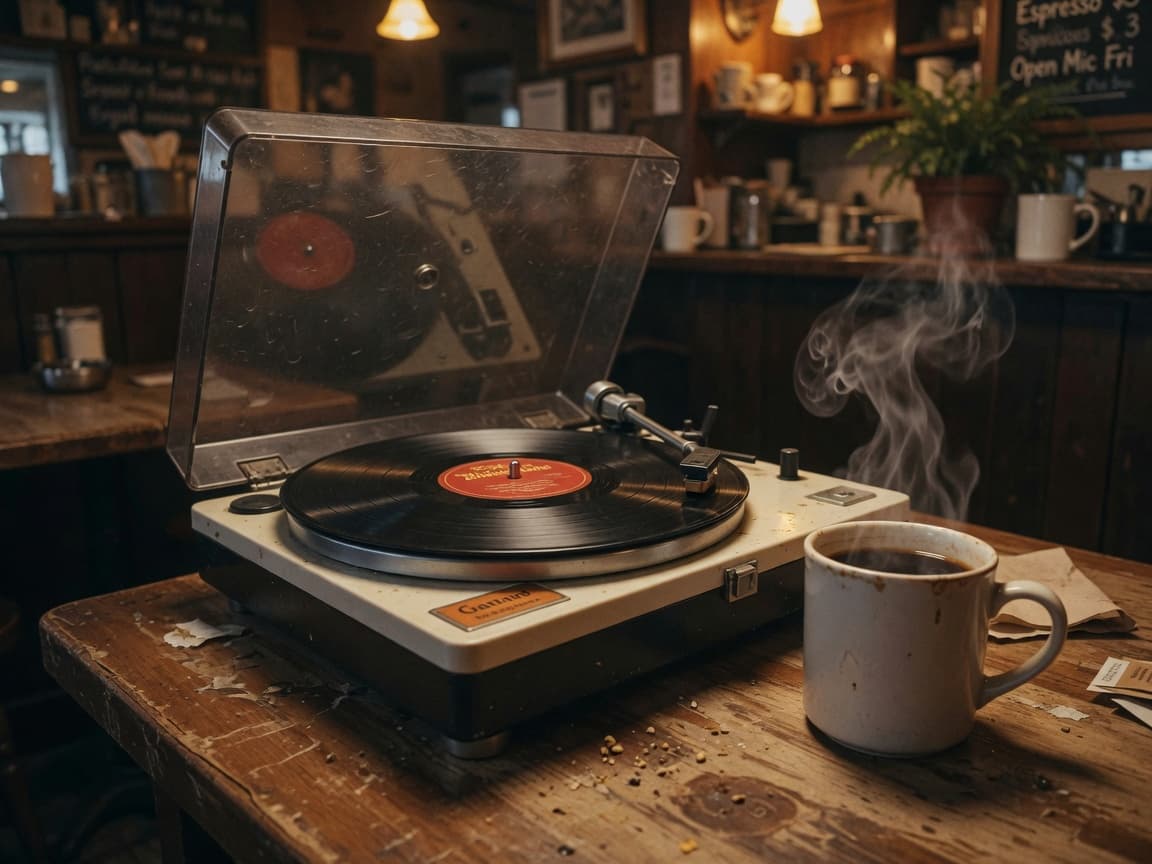 Record player and coffee in the shop