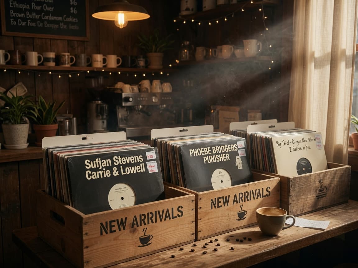 Vinyl records in wooden crates at Rhythm & Brew